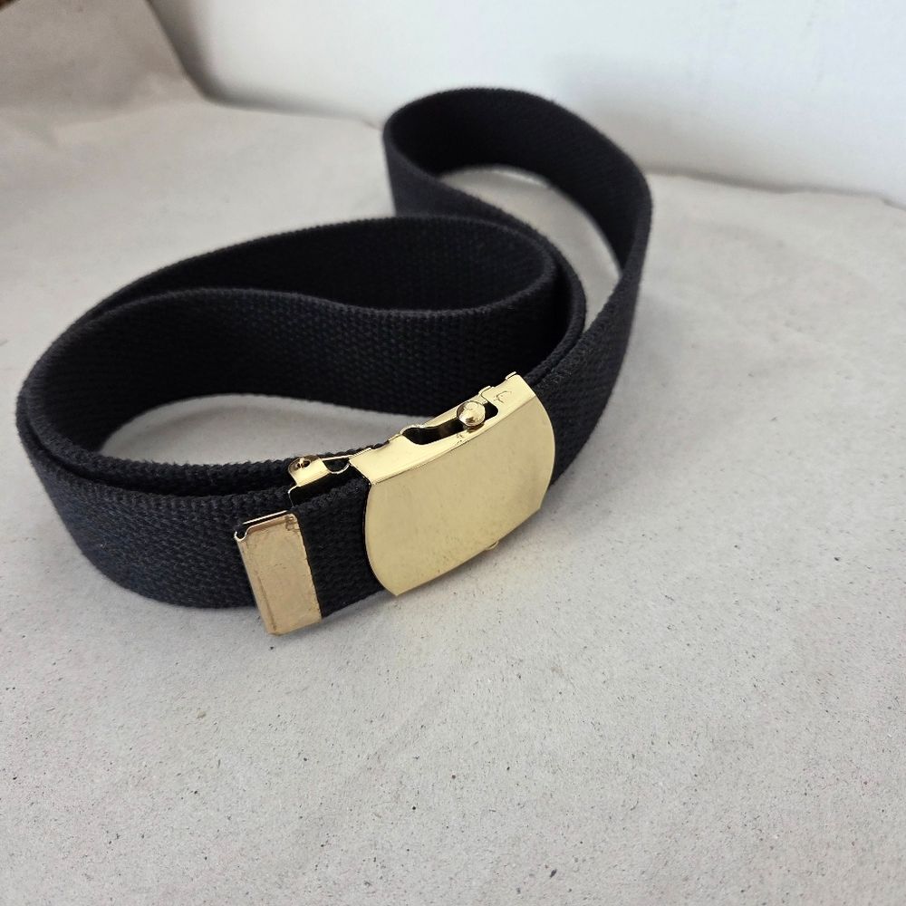 Navy Blue Ratchet Slide Belt Gold Hardware Fabric Adjustable Unisex Military